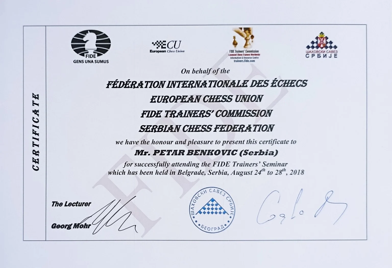 FIDE Trainers' Seminar sertifikat, Beograd 2018