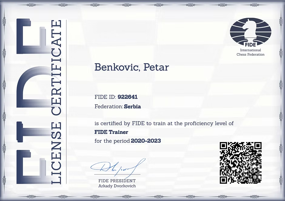 FIDE Trainer licenca Petra Benkovića